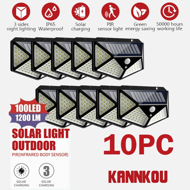 KANNKOU Solar Lights Outdoor 100LED Solar Lights PIR Motion Sensor IP65 Waterproof Outdoor LED Wall Light solar lamp outdoor