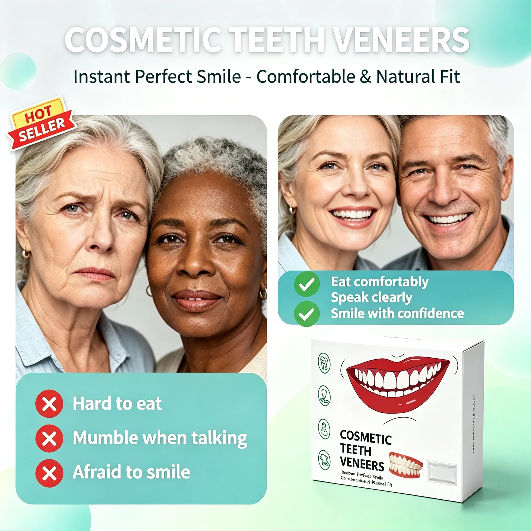 Natural‑Looking Silicone Full Dentures Upper Lower, Soft Comfortable Fit Daily Oral Care False Teeth for Men Women Daily Use