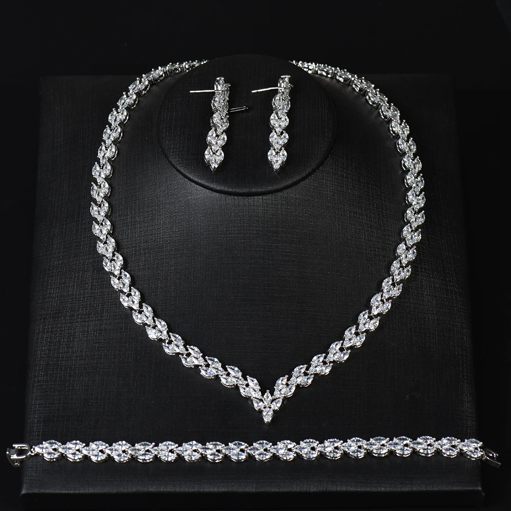 

Fashion Classic Leaf Drop Cubic Zircon Women Dinner Party Costume Jewelry Sets Elegant Bridal Wedding Necklace Earrings N-1303