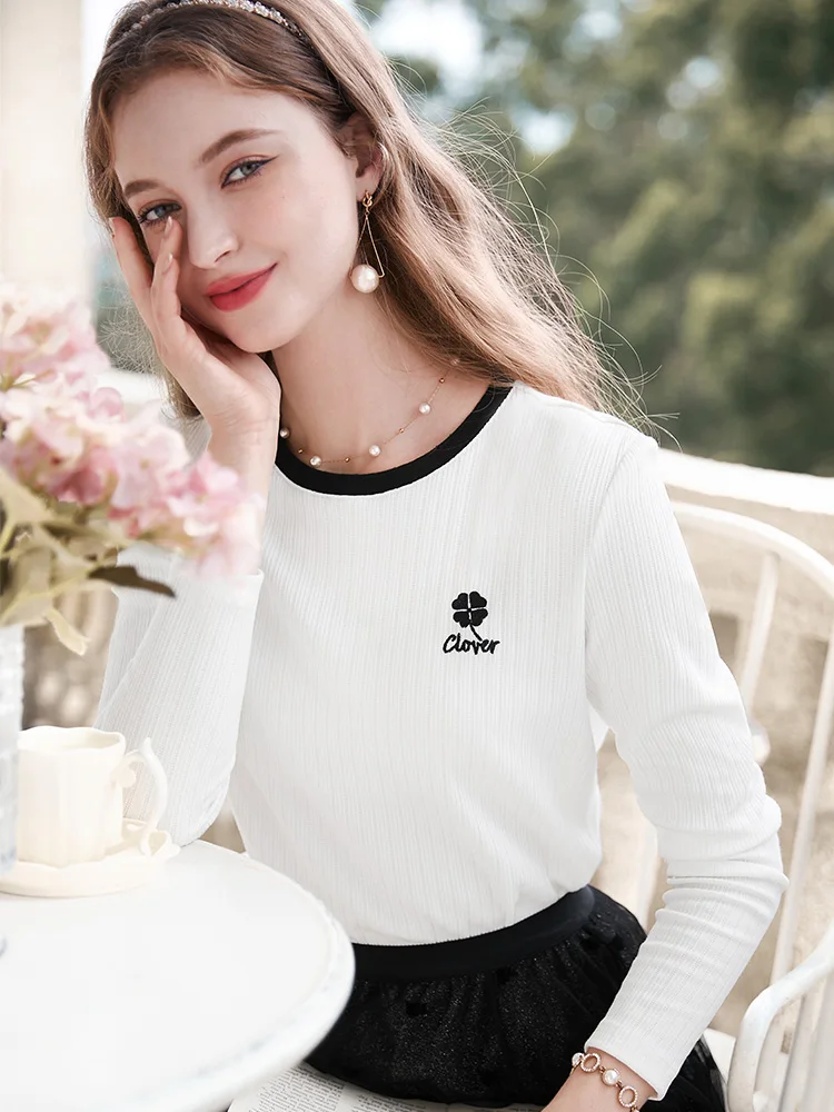 I BELIEVE YOU Autumn 2023 White T-shirt for Women Embroidery Knitted  Long-sleeve New Slim-fit O-Neck Office Lady Tops 2234015273