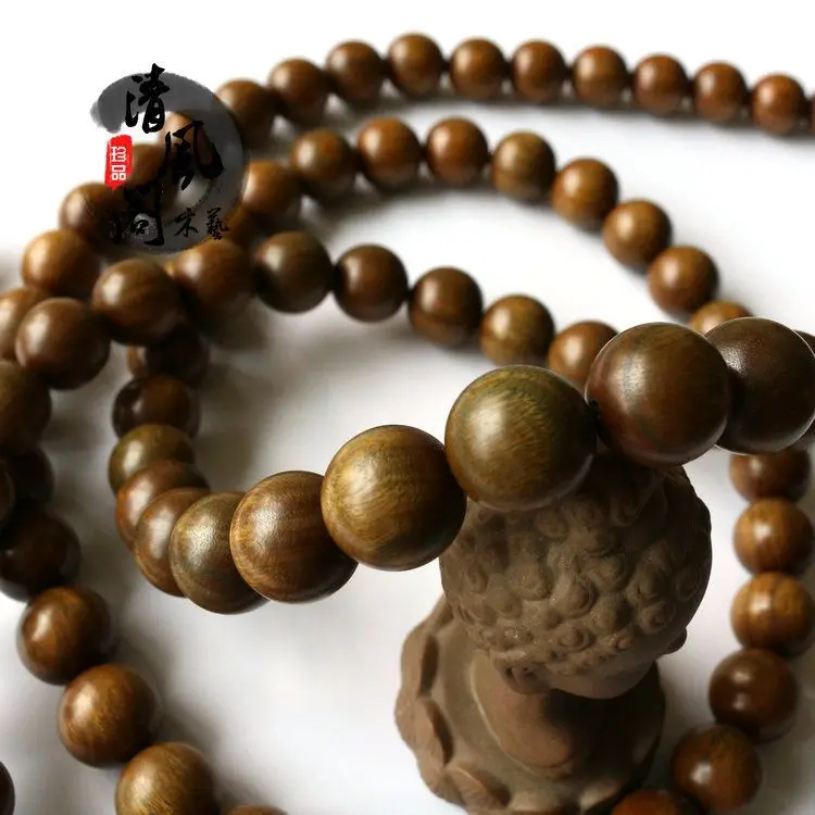 Authentic Old Material Green Sandalwood Bracelet 108 Beads Hand-held Chanting Hand String Monk Hanging Necklace Large Beads Long