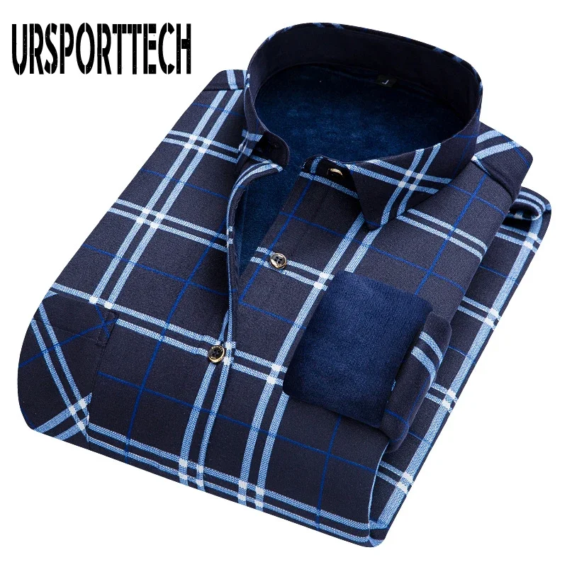 URSPORTTECH Autumn Winter Men Shirt Long Sleeve Slim Shirt Men Thickening Warm Plaid 20 Colors Male Social Shirt Clothing L-4XL