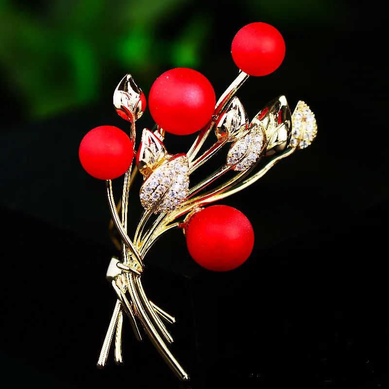 

Red Pearl Flower Dangle Brooches Luxury Festivals Brand Jewelry Cubic Zirconia Elegant Temperament Corsage Accesories
