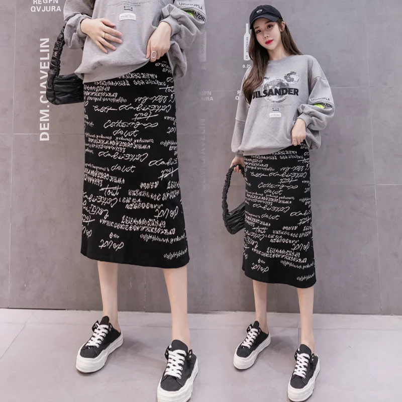 5569# Autumn Winter Letter Printed Knitted Maternity Skirts Elastic Waist Belly Clothes for Pregnant Women Pencil Slim Pregnancy