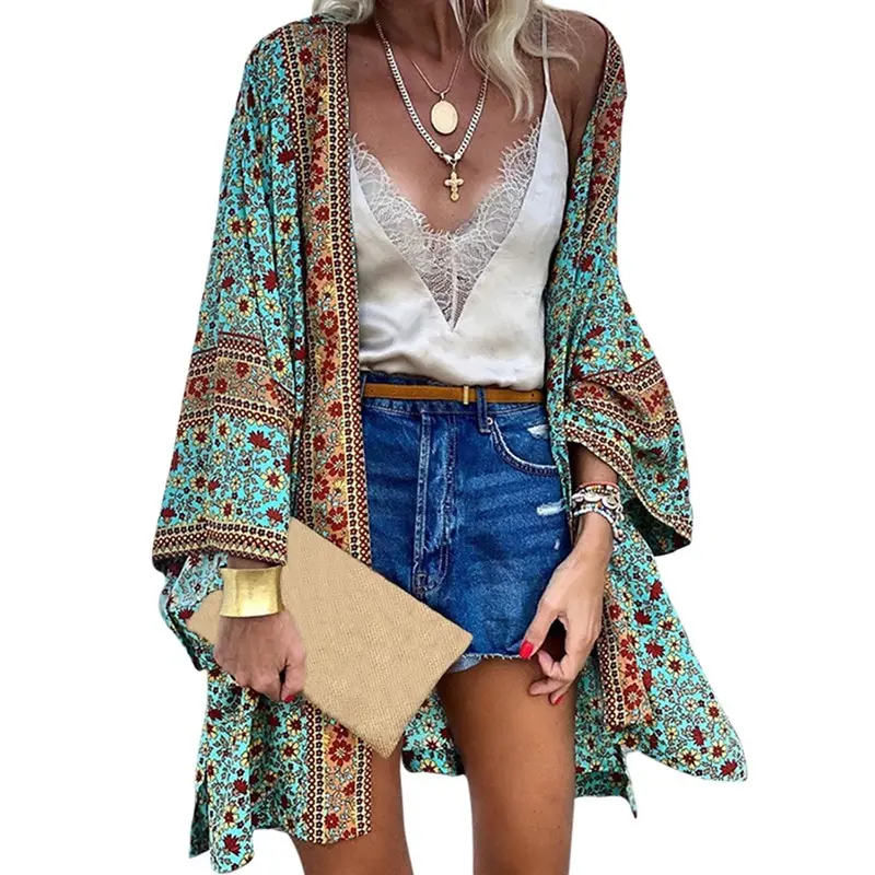 long sleeve beach dress Vintage Women Kimono Cardigan Jacket Autumn New Elegant Long Crochet Chiffon Loose Printed Shirt Tops 2022 Fashion Female Coat womens bathing suit cover up