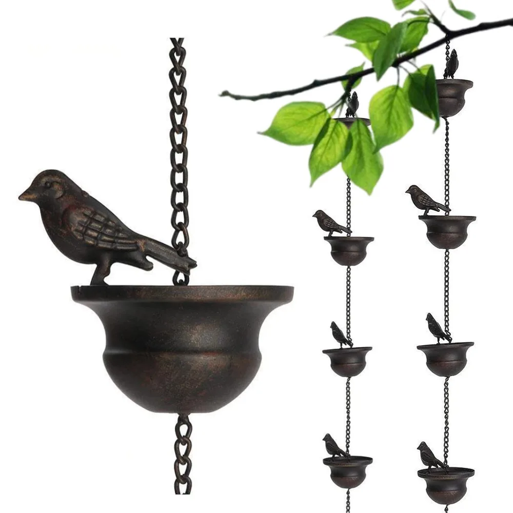 

2.4m Creative Birds On Cups Metal Rain Chain Rain Catcher Attached Hanger Wind Chimes Bells For Gutter Roof Decor Downspout Tool