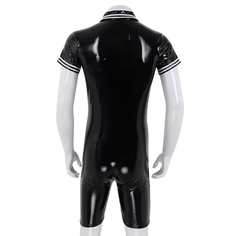 Adult Unitard Men&rsquo;s Short Sleeve Shiny Faux PU Leather Catsuit Sexy Zipper Open Crotch Bodysuit PVC Tights Leotard Plus Size