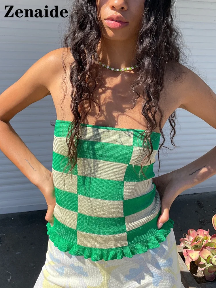 Zenaide 2022 Strapless Knitted Tank Tops Stretchy Striped Print Y2K Camis Backless Women Green Sexy Crop Top Vintage Summer Club |