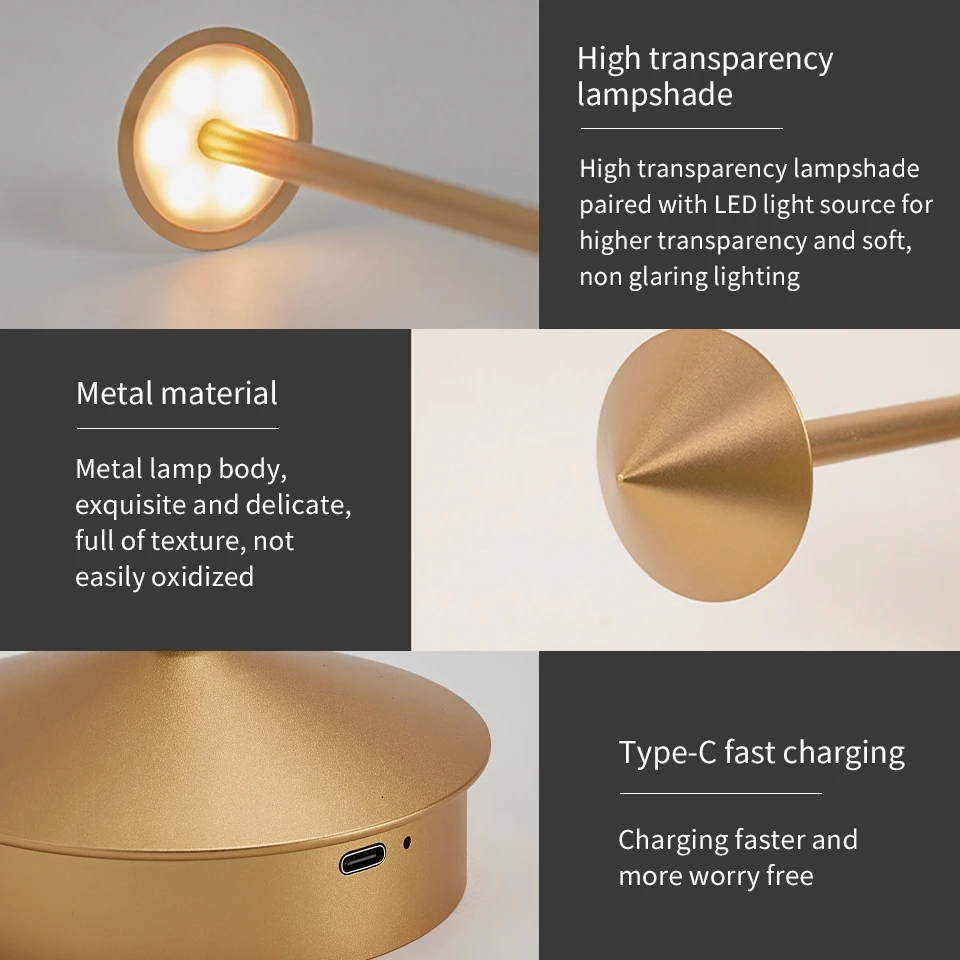 Table LED Lamp Rechargeable Touch Sensor Night Desk Lamp 3 Color Temperatures Stepless Dimming for Restaurant Hotel Bar Bedroom