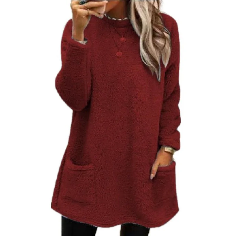 Autumn Winter O Neck Pullover Plush Hoodie Women Daily Commuter Casual Double Pockets Splice Hem Sweatshirt Female Long Warm Top 6