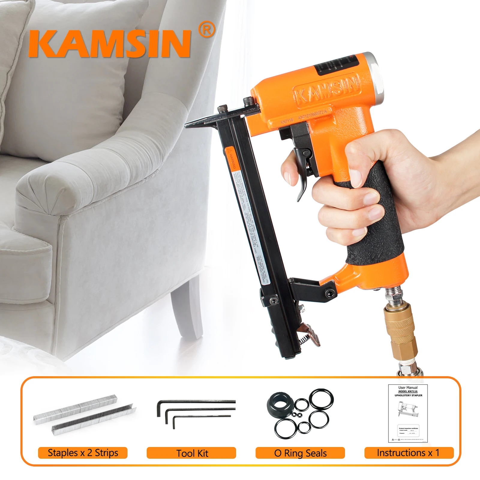 KAMSIN KN7116 22 게이지 공압식 가구용 스테이플러 71 시리즈 3/8인치 크라운 파인 와이어 스테이플러