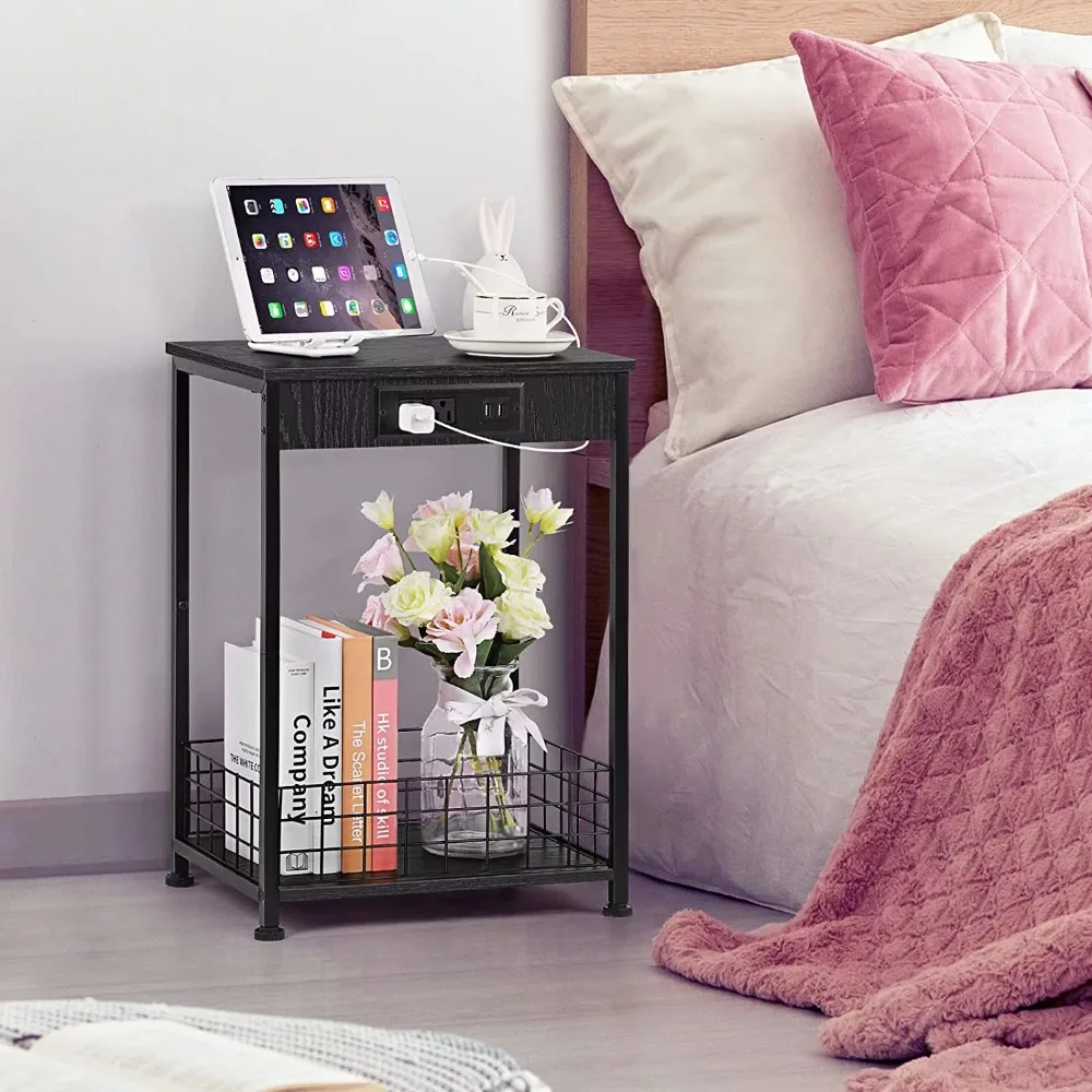 

2-layer bedside table with charging station and storage basket, 2-piece set, large capacity, top capacity for up to 50 pounds
