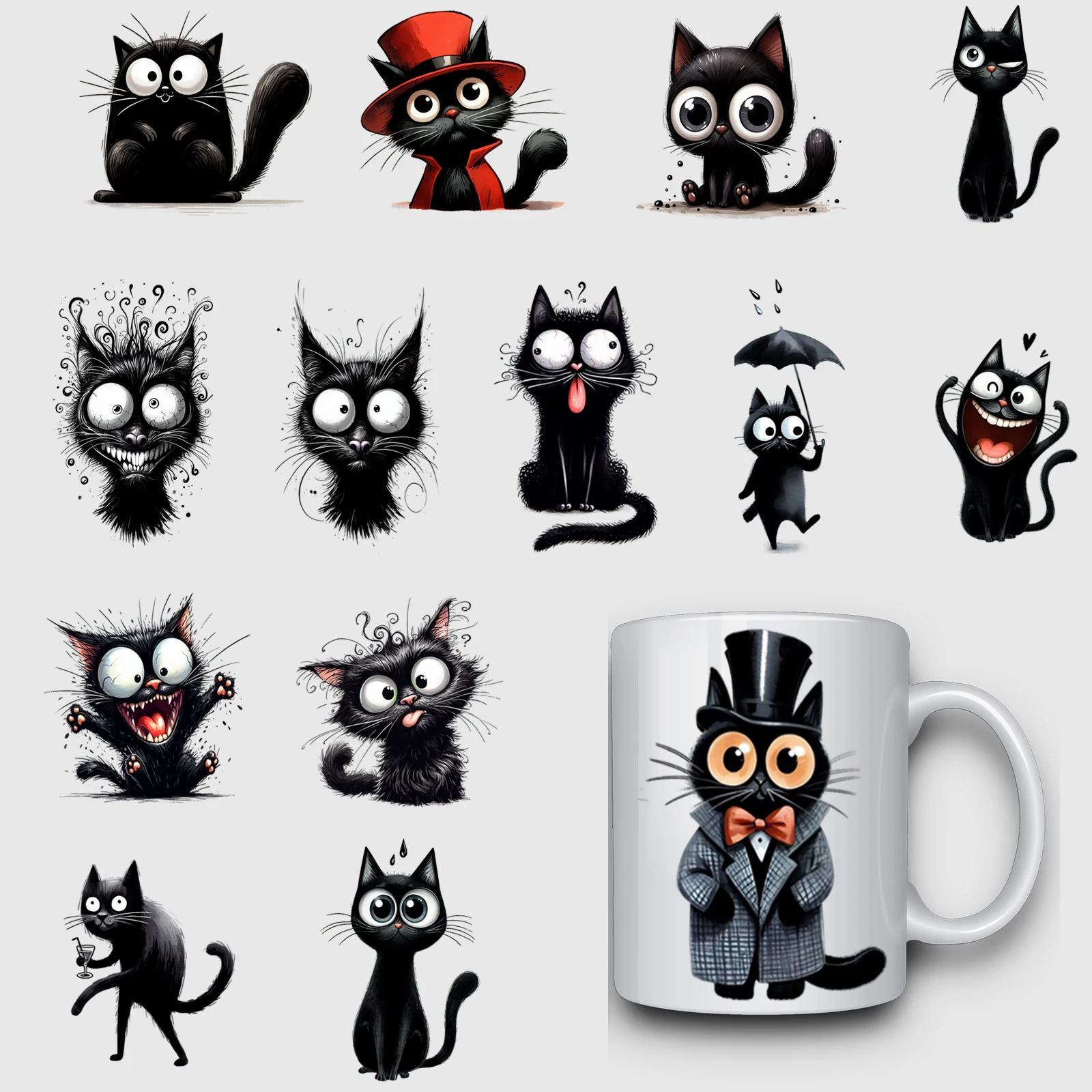 14pcs Funny Black Cat UV DTF Transfer Stickers Mug Waterproof Stickers for DIY Crafts for 16 oz glass