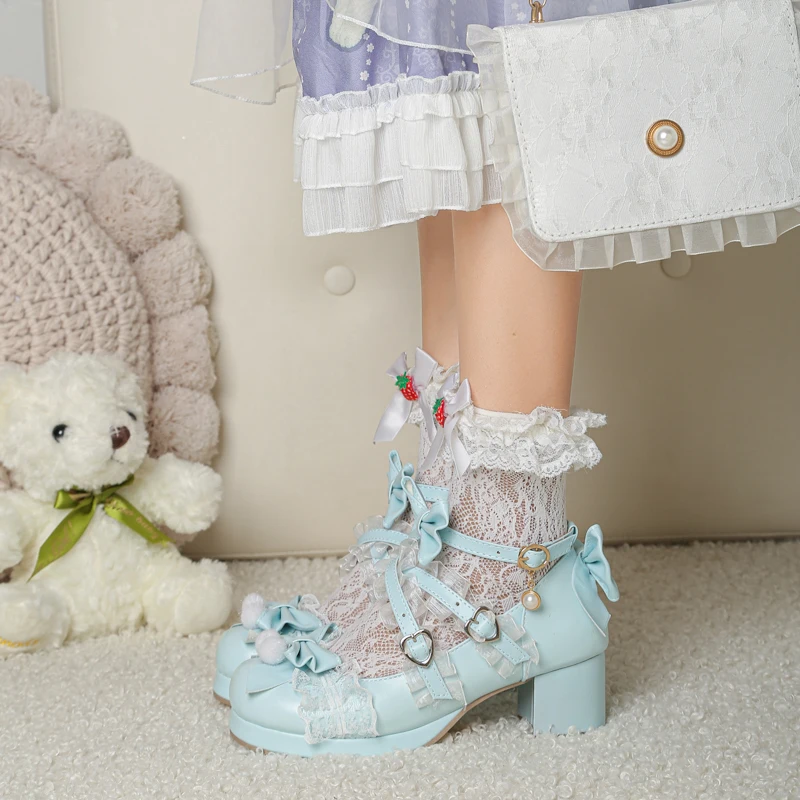 

YQBTDL 2022 Autumn High-heeled Cute Bow Tie Sweet Lolita Princess Shoes Girls Round Princess Pumps Ladies Platform Heels Wedding