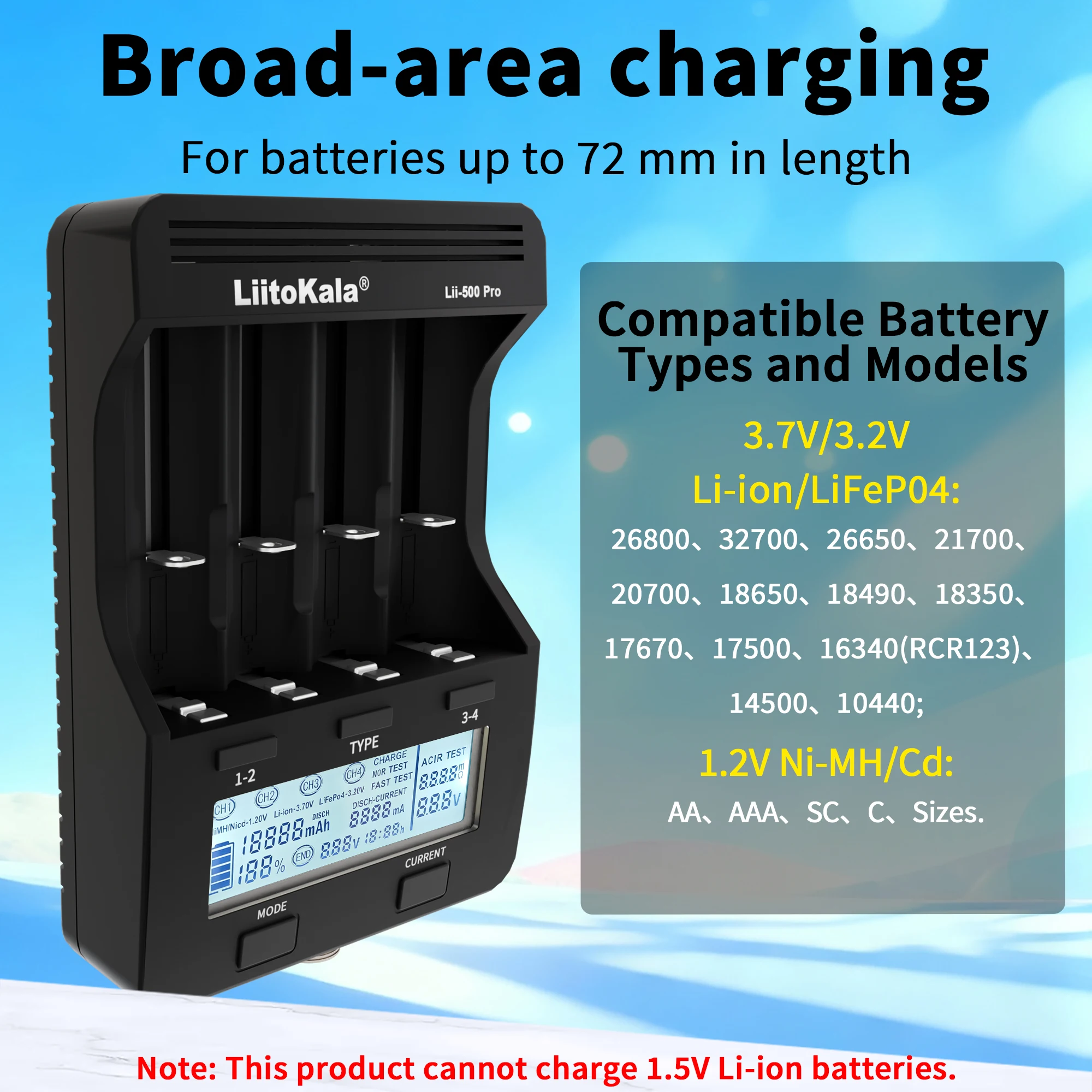 Caricabatterie, LiitoKala Lii-500 Pro, per batterie al litio 18650 26650 21700, Ni-MH Ni-CD, Display, Test di capacità, Spina EU