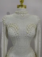 Luxury White Full Pearl Long Sleeved Stretch Bodysuit Women Birthday Evening Party Celebrate DJ Performance Nightclub Stage Wear - Image 5
