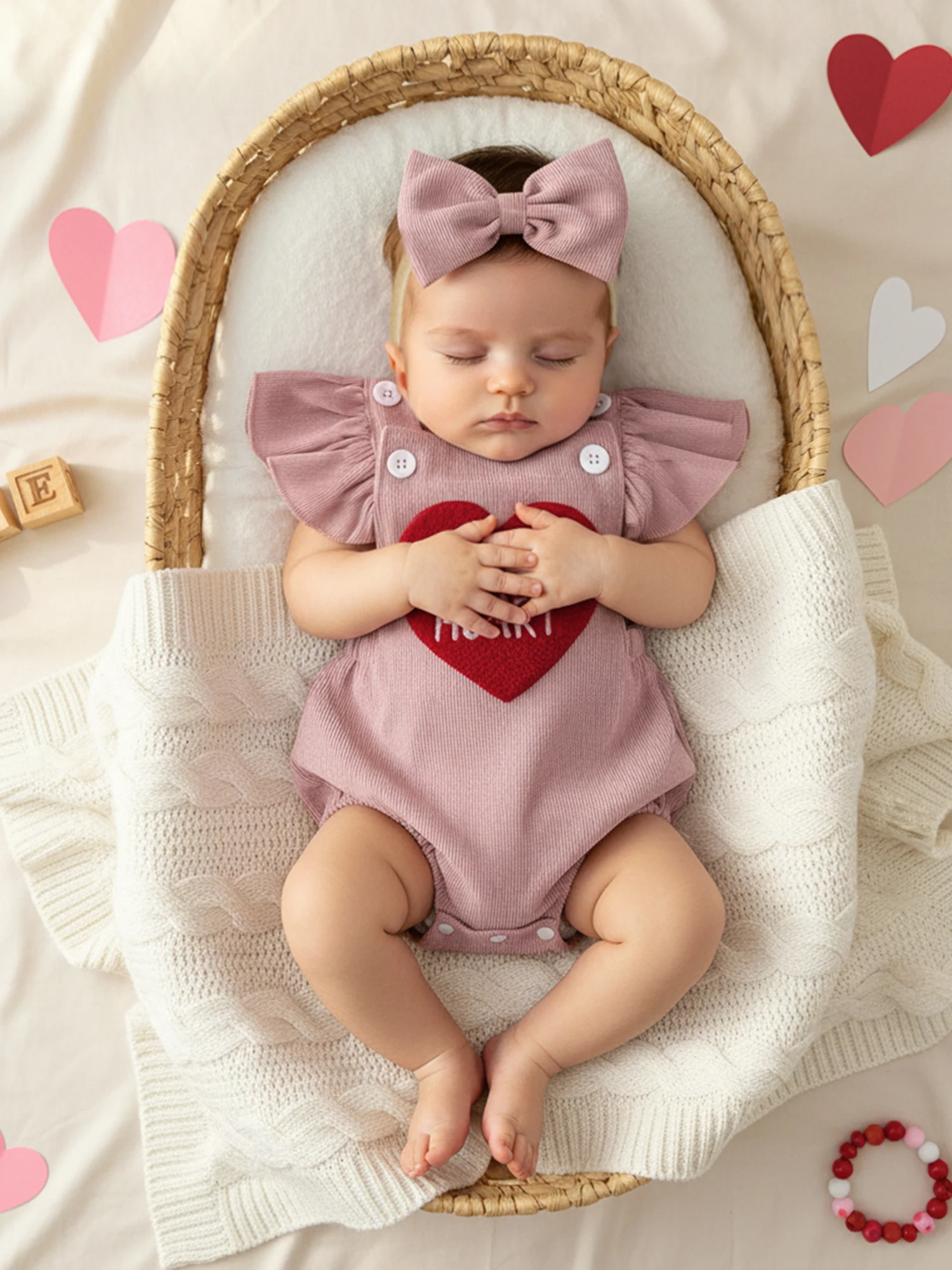 Baby Girl Valentines Outfit Letter Love Heart Embroidered Ruffled Trim Flying Sleeve Romper and Bow Headband 2 Pcs Set Sbc6c42d32b8f4daebc162bddf6c14865d