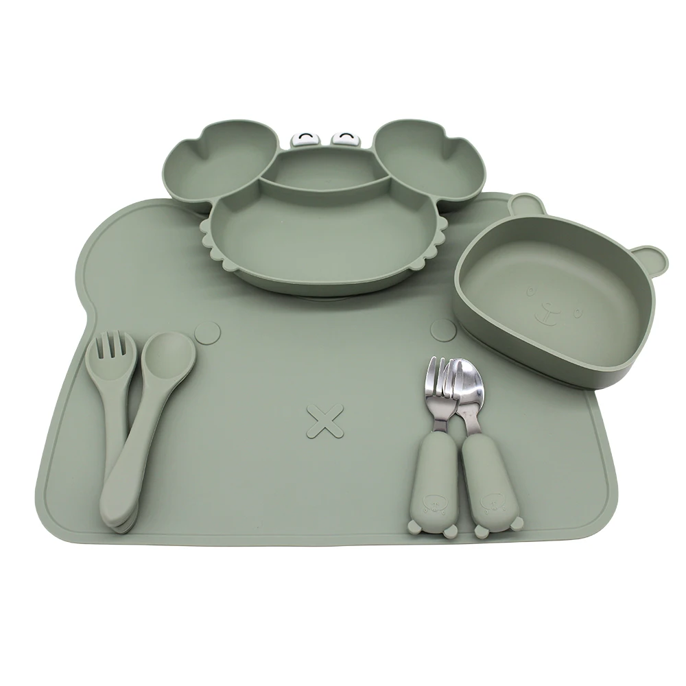 Baby Dinner Plate Compartment Plate Suction Cup with Bear Placemat Bear Bowl Children's Supplementary Tableware