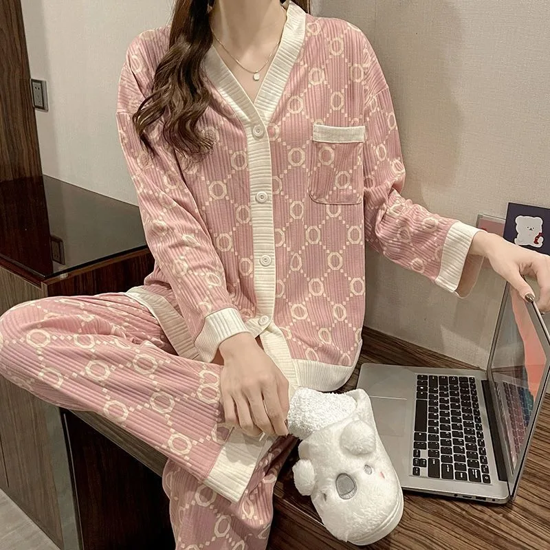 2024 New Long Sleeved Pajamas Women Spring Autumn Sleepwear Cotton Cardigan High-end Homewear V-neck Loose Loungewear Set