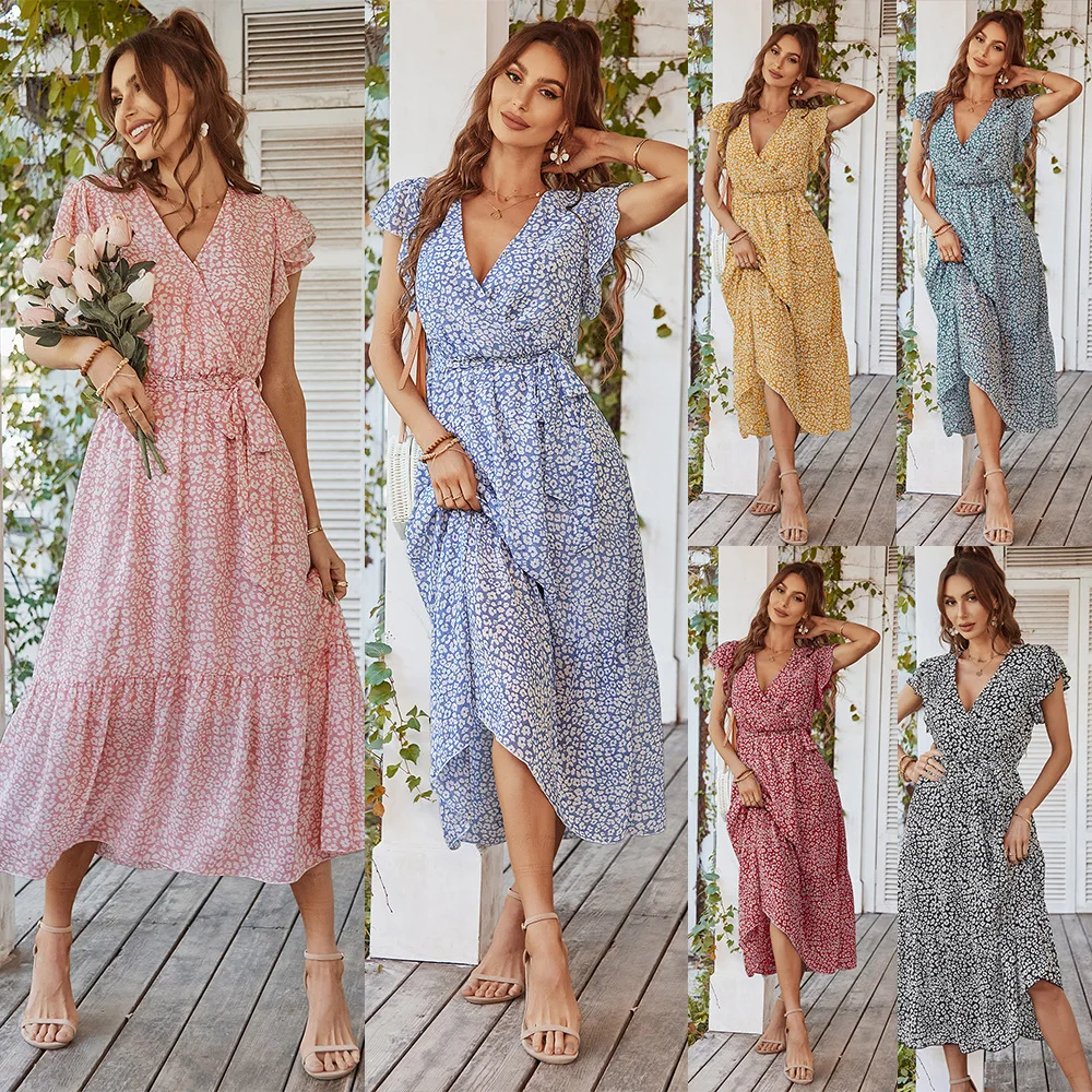 New Fashion Women Summer Sexy V-Neck Floral Print Short Sleeve Long Boho Loose Dress Women Casual Holiday Long Dress women dresses holiday beach dress chiffon floral print boho summer new sexy v neck ruffle short sleeve a line mini dress vintage