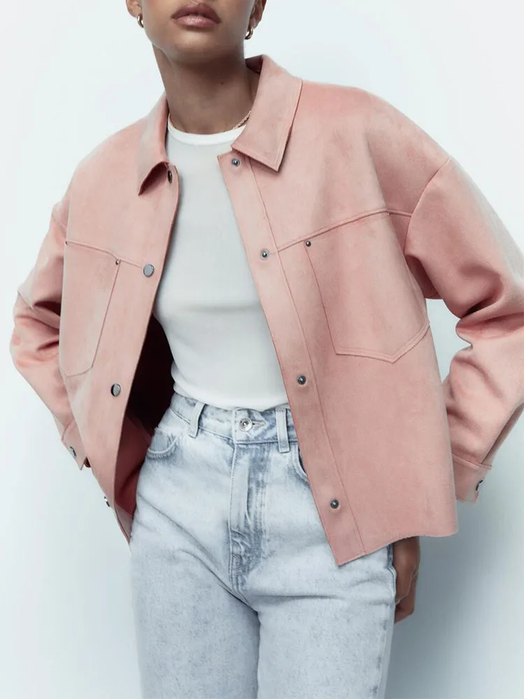 

Autumn New Women's 2023 Double Color Pocket with Ribbed Suede Effect Short Shirt Coat