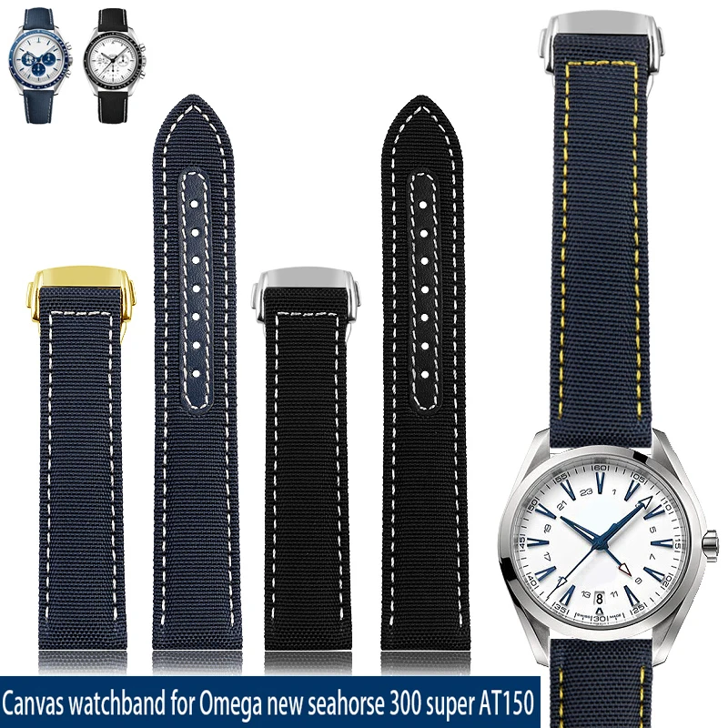 

19mm 20mm Woven Canvas Watch Strap For Omega Seamaster 300 AT150 Fabric Leather Nylon AQUA TERRA 150 Blue Black Watchband Buckle