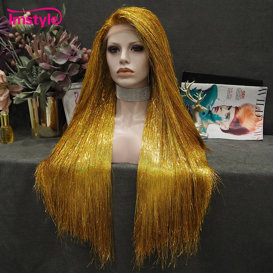 Synthetic Wig Full Tinsel Wig Lace Front Gold Red Long Straight Silver Gray For Party