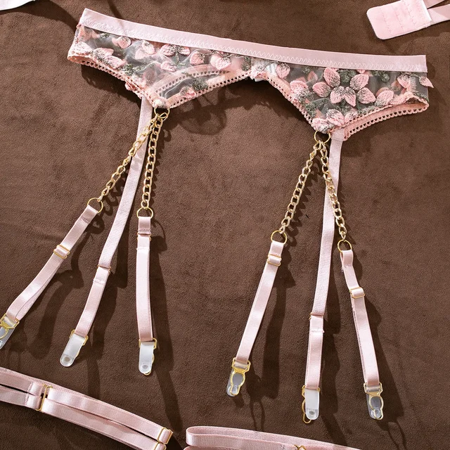 Embroidered Flower Lingerie Three Piece Set 5