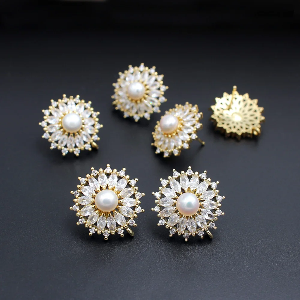 

6pair 925 Sterling Silver Flower Cluster Ear Posts Gold Plated Cubic Zirconia Freshwater Pearl Base Earrings Connectors DIY