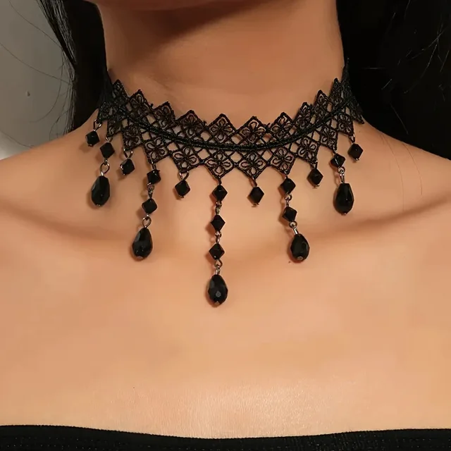 Collier Punk gothique en dentelle noire pour femmes, fleur en cristal, mode cuir noir velours, court et Sexy, ras du cou, bijoux