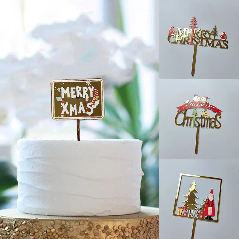 

1 шт. акриловая зернистая золотистая/красная «Merry Christmas», Рождественская елка в форме Санта-Клауса, десертные топперы, новогодний декор для торта
