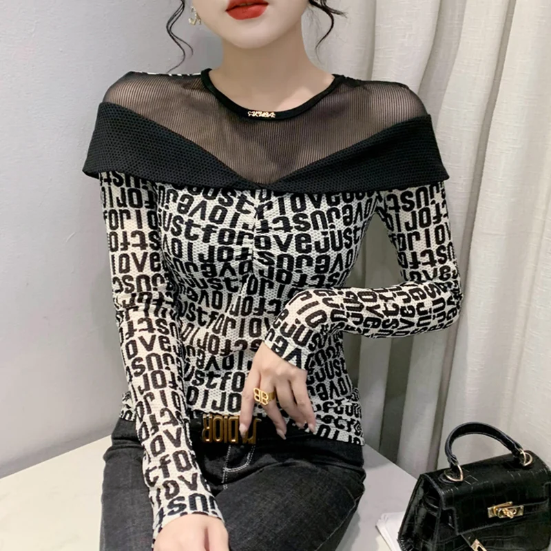 

New Spring Autumn Women's T-Shirt Fashion Letter Printed Patchwork Long Sleeve Mesh Tops blusas mujer de moda 2022