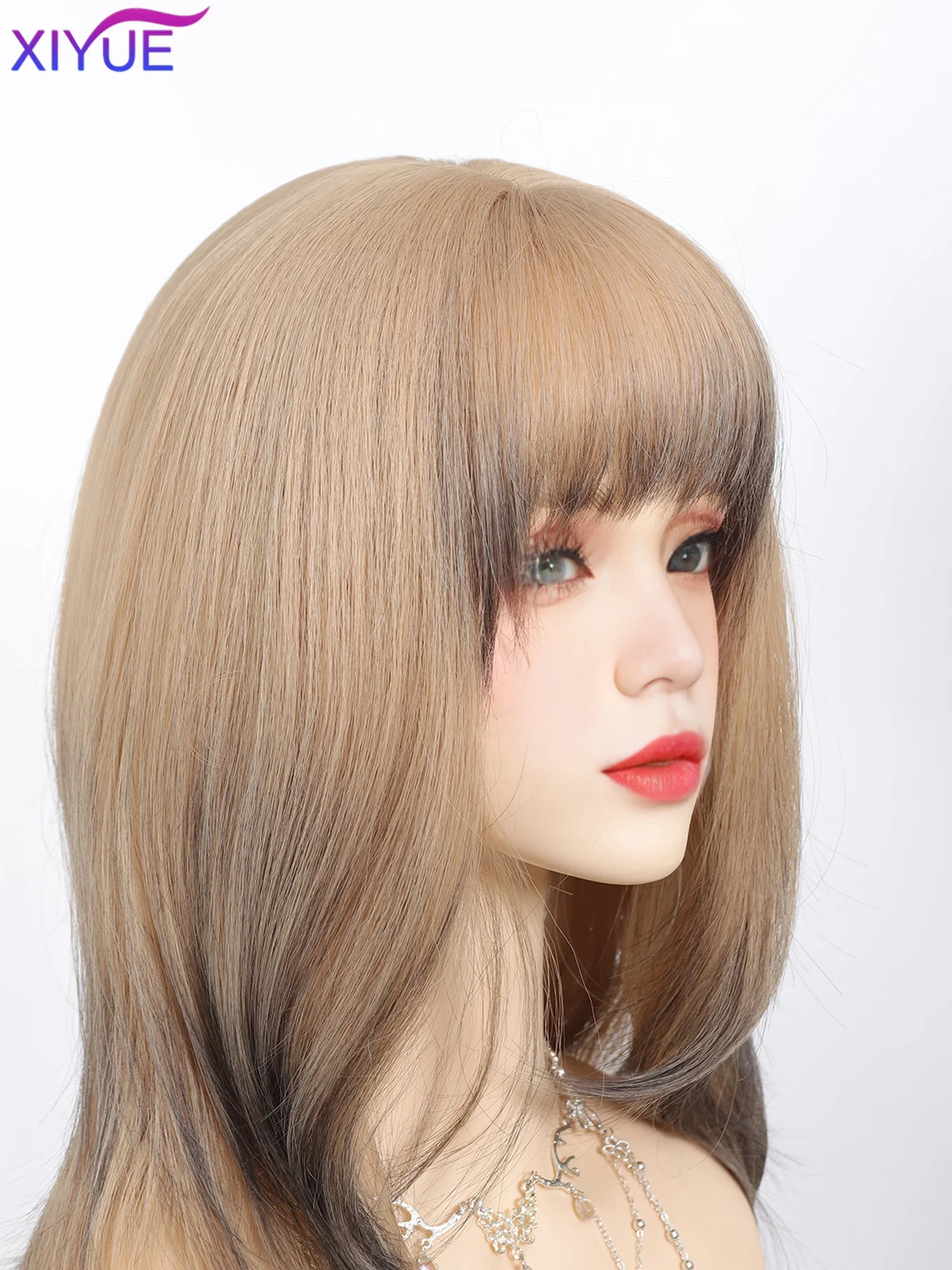 Platinum Blonde Ombre Long Synthetic Wigs with Bangs Straight Layered Cosplay Party Wigs for Women Natural Hair Heat Resistant