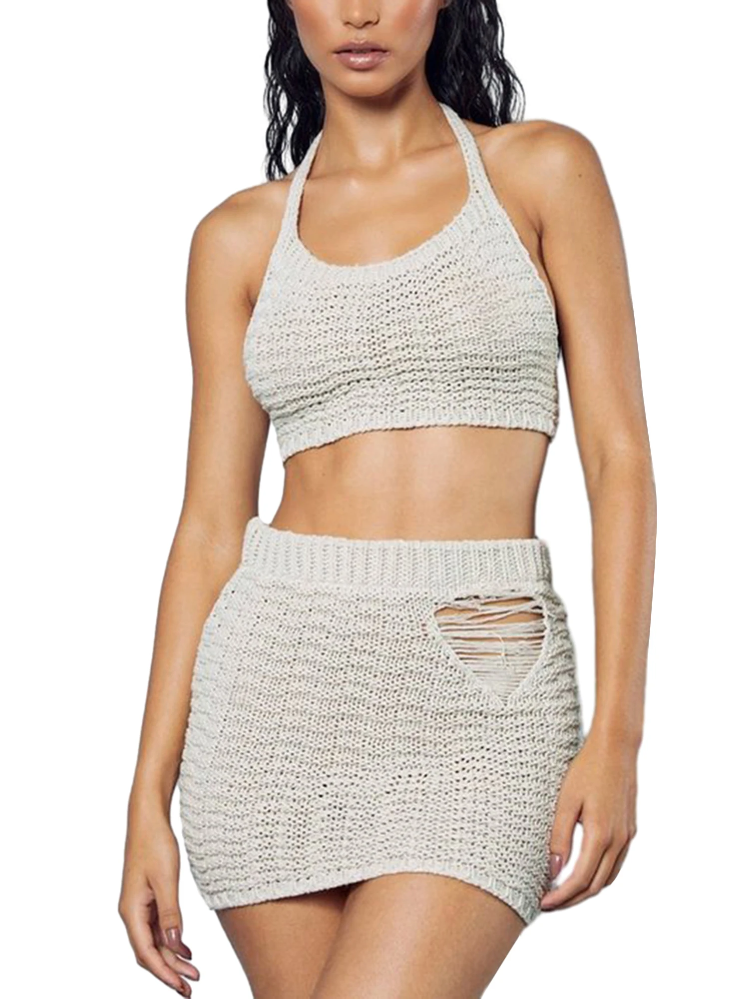

Stylish Women s 2 Piece Crochet Knit Sets for Clubbing and Going Out - Hollow Out Beachwear with Cute Matching Outfits -