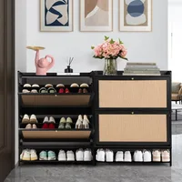 Shoe Cabinet for Entryway, Black Slim Shoe Cabinet with 2 Flip Drawers Narrow Shoe Storage Cabinet, 2 Tier Freestanding 1