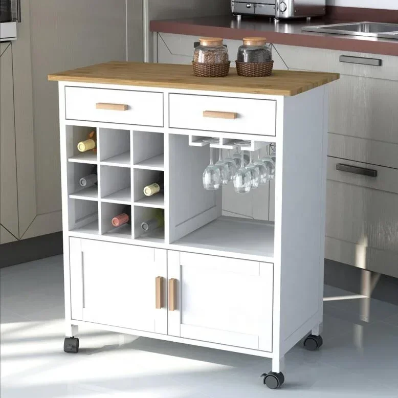 New French Modern Portable Mobile Storage Cabinet Trolley Counter Modular Rolling Island Kitchen Cart with Wine Rack