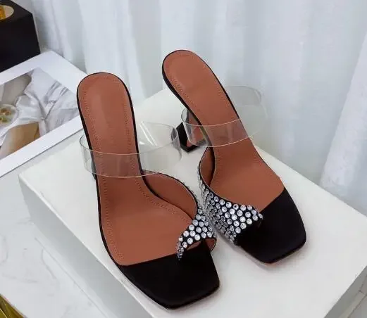 

ladies sexy party shoes Paloma embellished suede and PVC mules ladies luxury high heels transparent AMINA MUADDI brand shoes