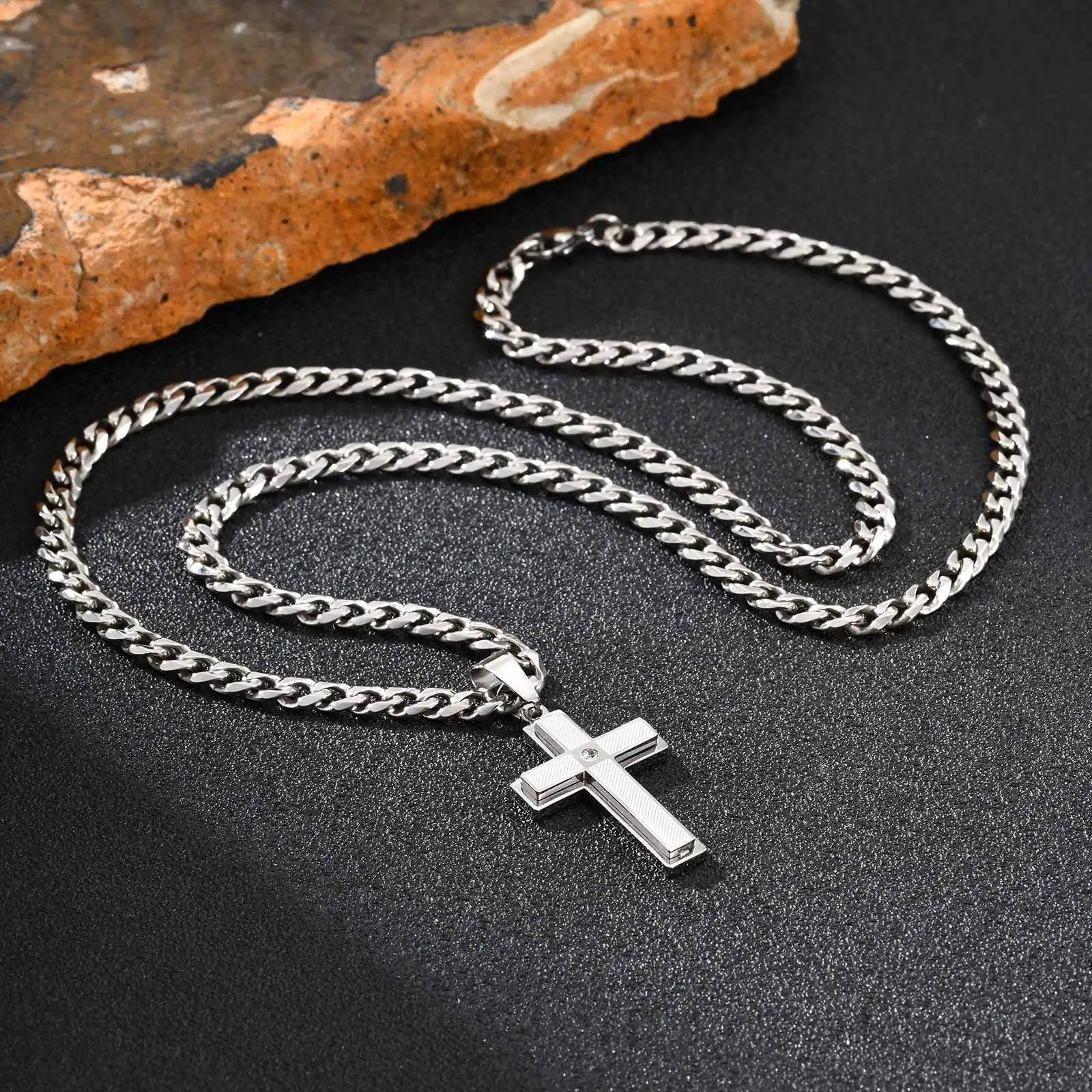 Waterproof Stylish Cross Necklace for Men Boys,Never Fade Stainless Steel Pendant Necklace,Christian Prayer Jewelry Gift
