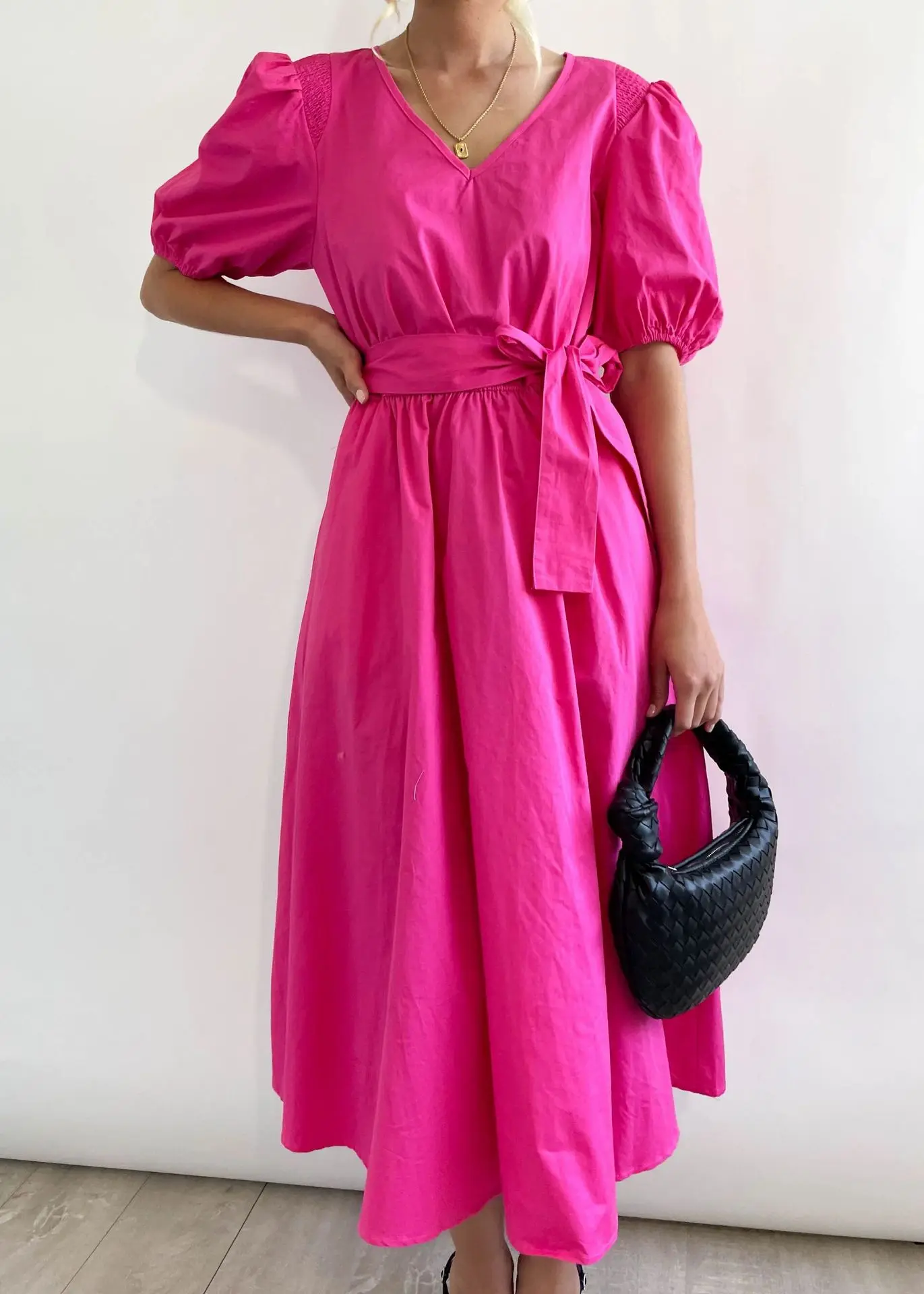 

Roseo Pink Midi Dress Summer Women's Puff Sleeve 2023 Summer Women Short-sleeved Dress V-neck Waist Tie Loose Swing Dress