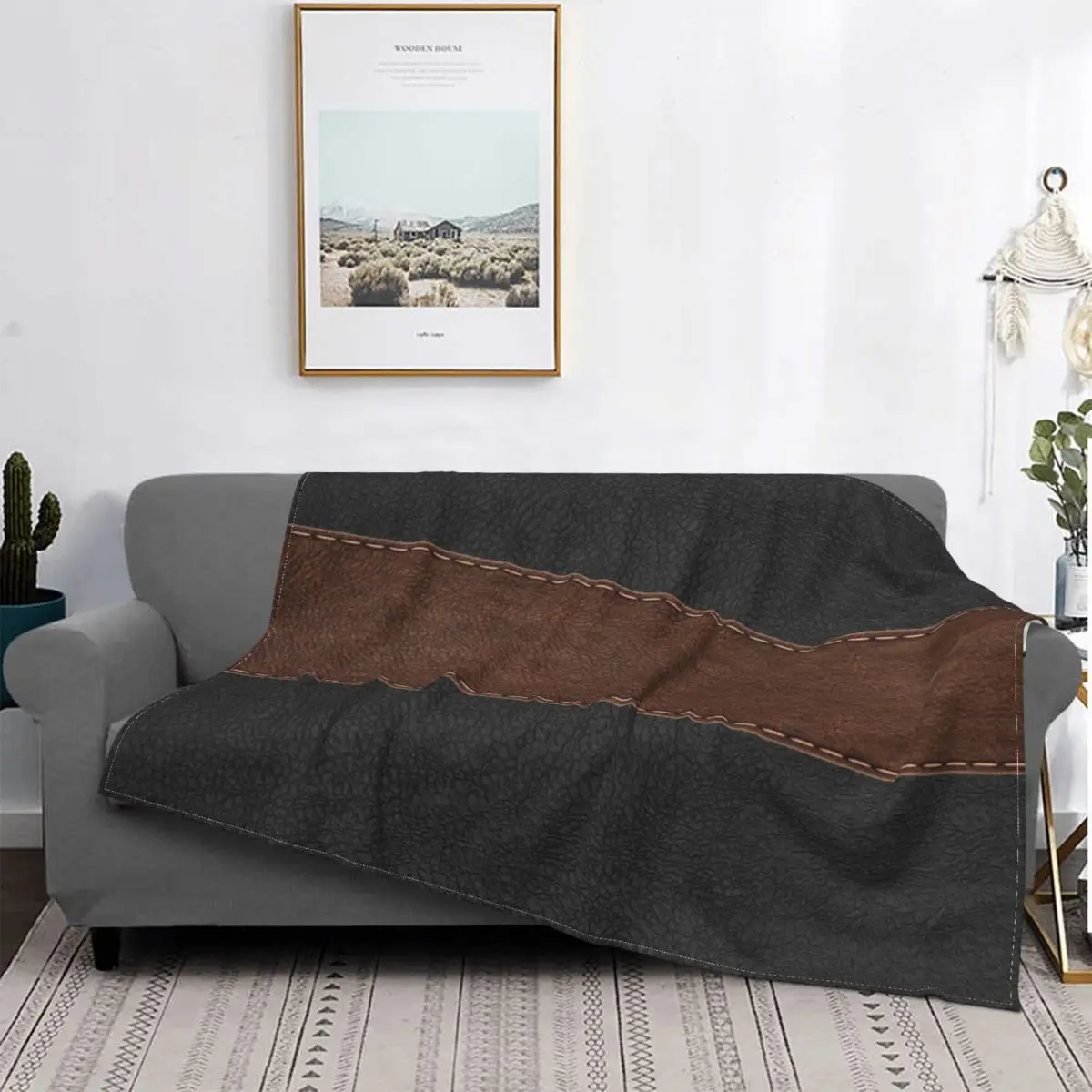 

Black Brown Faux Leather Stripes Blanket 3D Printed Soft Flannel Fleece Geometric Throw Blankets for Bedroom Sofa Bedspreads
