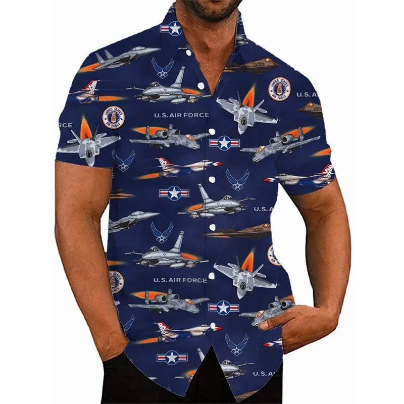 thumbnail image 1 of Camisas hawaianas con estampado 3D de avión de combate para hombre, camisas casuales de manga corta con botones, camisetas de hip hop para hombre, ropa de calle, 1 of 5