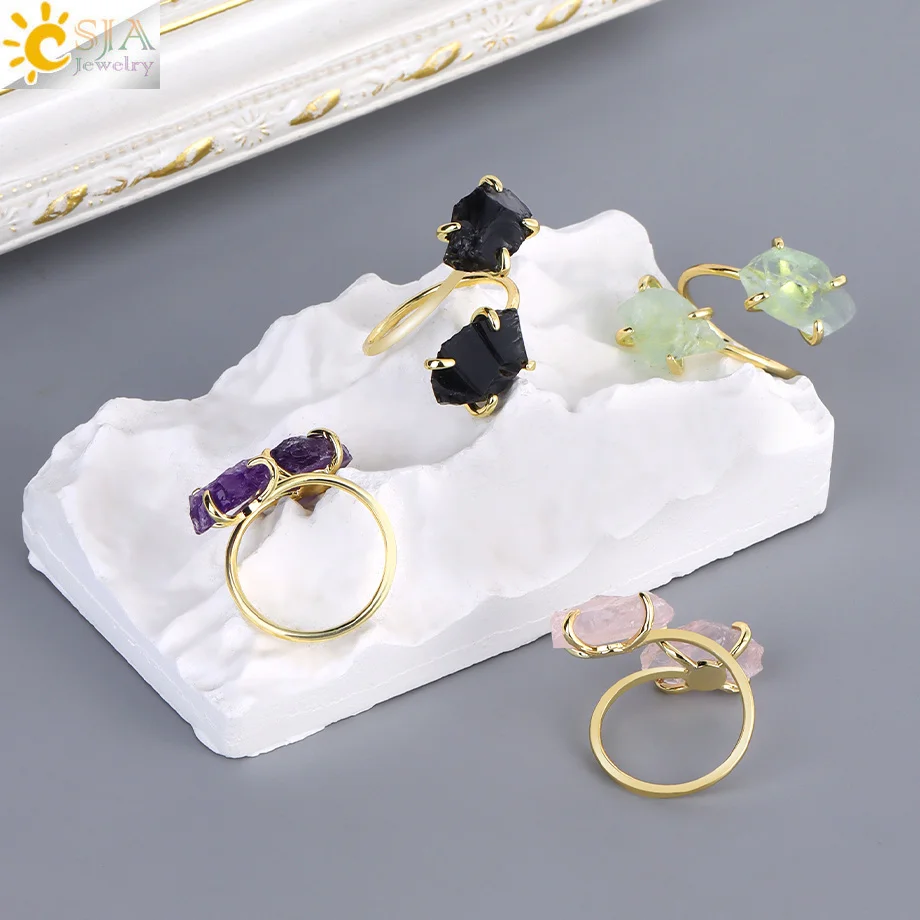 CSJA Irregular Crystal Open Ring Healing Natural Amethysts Citrine Double Gems Stone Claw Finger Rings Jewelry Accessories H584 6