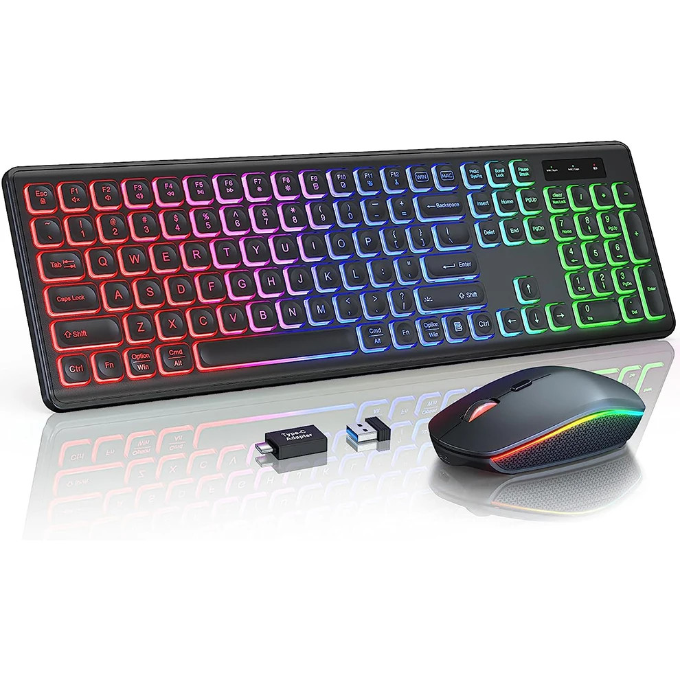 Combo de Teclado e Mouse sem Fio Retroiluminado Rgb Letras Iluminadas Recarregáveis Tamanho Completo Ergonômico Modo de Suspensão 24 Ghz