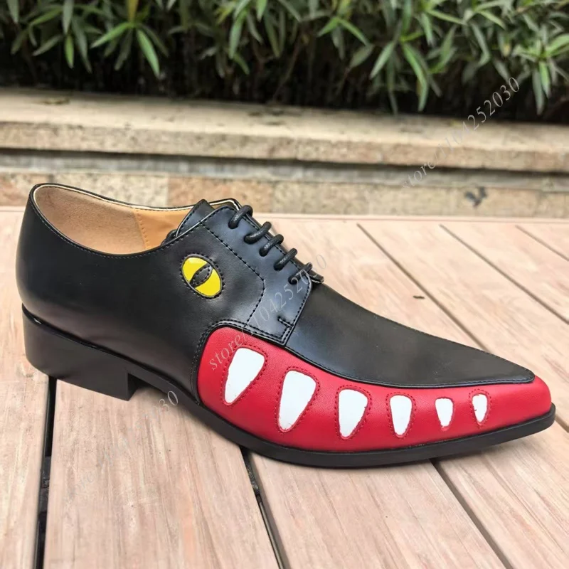 Black Graffiti White Leather Men Derby Pointed Toe Thick Heel Eye Totem Low Flat Shoes Spring Lace-Up Loafers Party Wedding Shoe 4