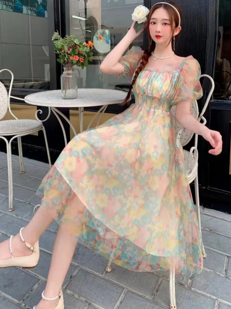 

Платье женское средней длины с квадратным вырезом, элегантная пляжная пикантная уличная одежда с эластичной талией, рукавами-фонариками, элегантный наряд на лето