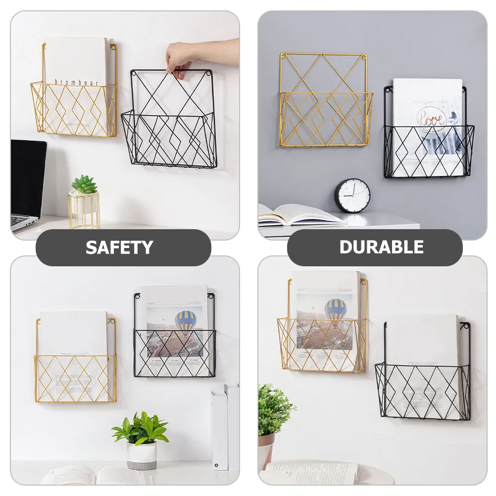 2Pcs 벽걸이형 파일 랙 파일 잡지 편지 카탈로그 사무실 홈 공간을 위한 프리미엄 철제 직조 구조 벽 정리함