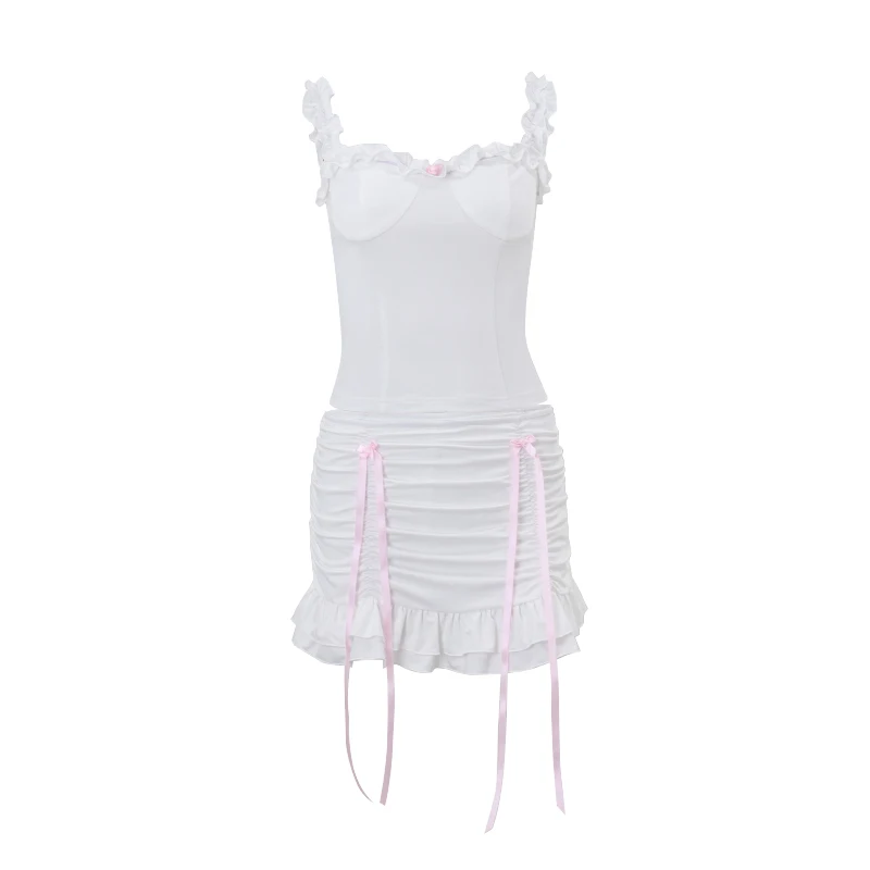 Xeemilo Sexy and Elegant Two Piece 2024 Summer New Rugged Lace Bow Sleeveless Top and Mini Skirt Beach Club Skirt Set
