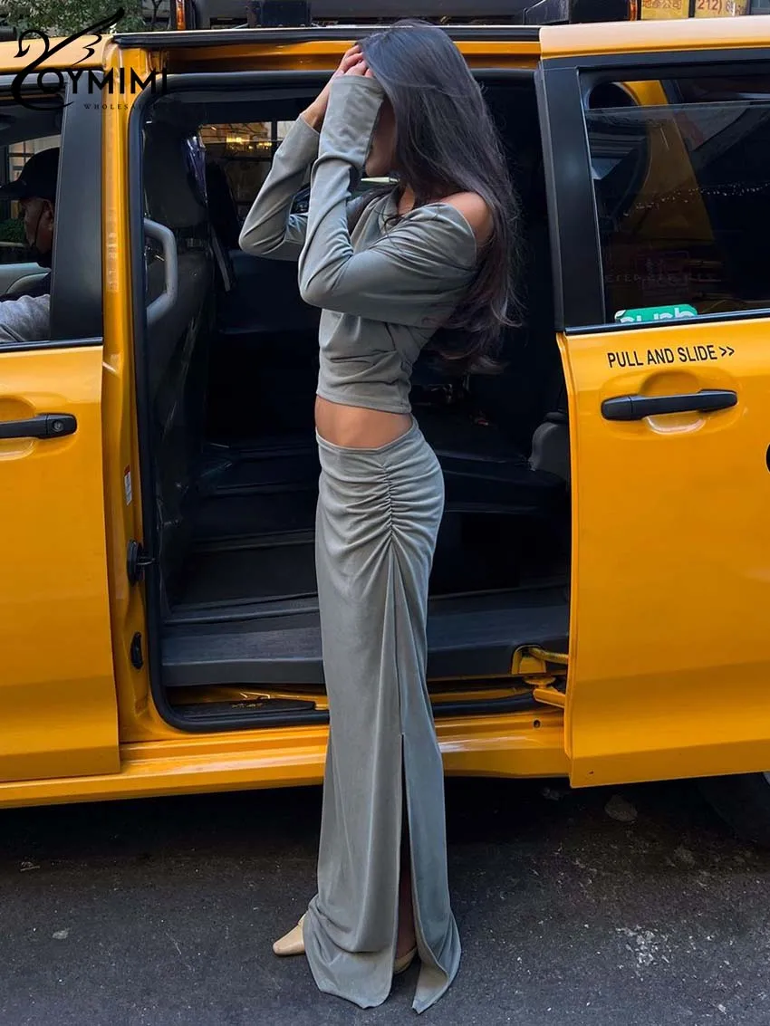 Oymimi Fashion Grey Slim Two Piece Set For Women Elegant O-Neck Long Sleeve Crop Tops And Low Waist Side Slit Skirts Female Sets