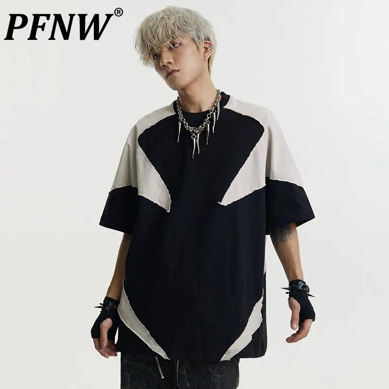 

PFNW Patchwork Men's Short Sleeve T-shirts Stitching Color Male O-neck Tee Punk Style Summer Casual 2023 Chci New Tops 28W1345