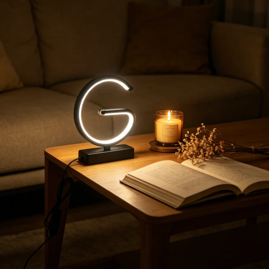 1Pc 미니멀리스트 문자 G LED 네온 테이블 램프, 디밍이 가능한 따뜻한 주변 조명, 침실, 거실용 USB 전원 장식 램프